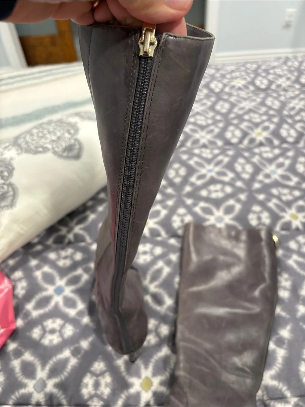 Carolinna Espinosa Gray Knee-High Pointed Toe Heel Boots with Silver Cap